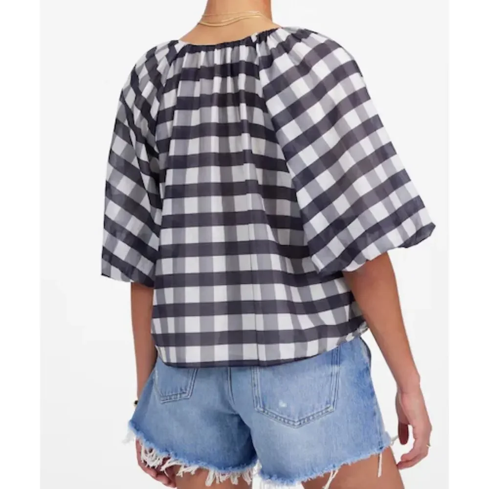 NWT Madewell Bubble-Sleeve Top True‎ Black Gingham Plaid Short Sleeve Size 2